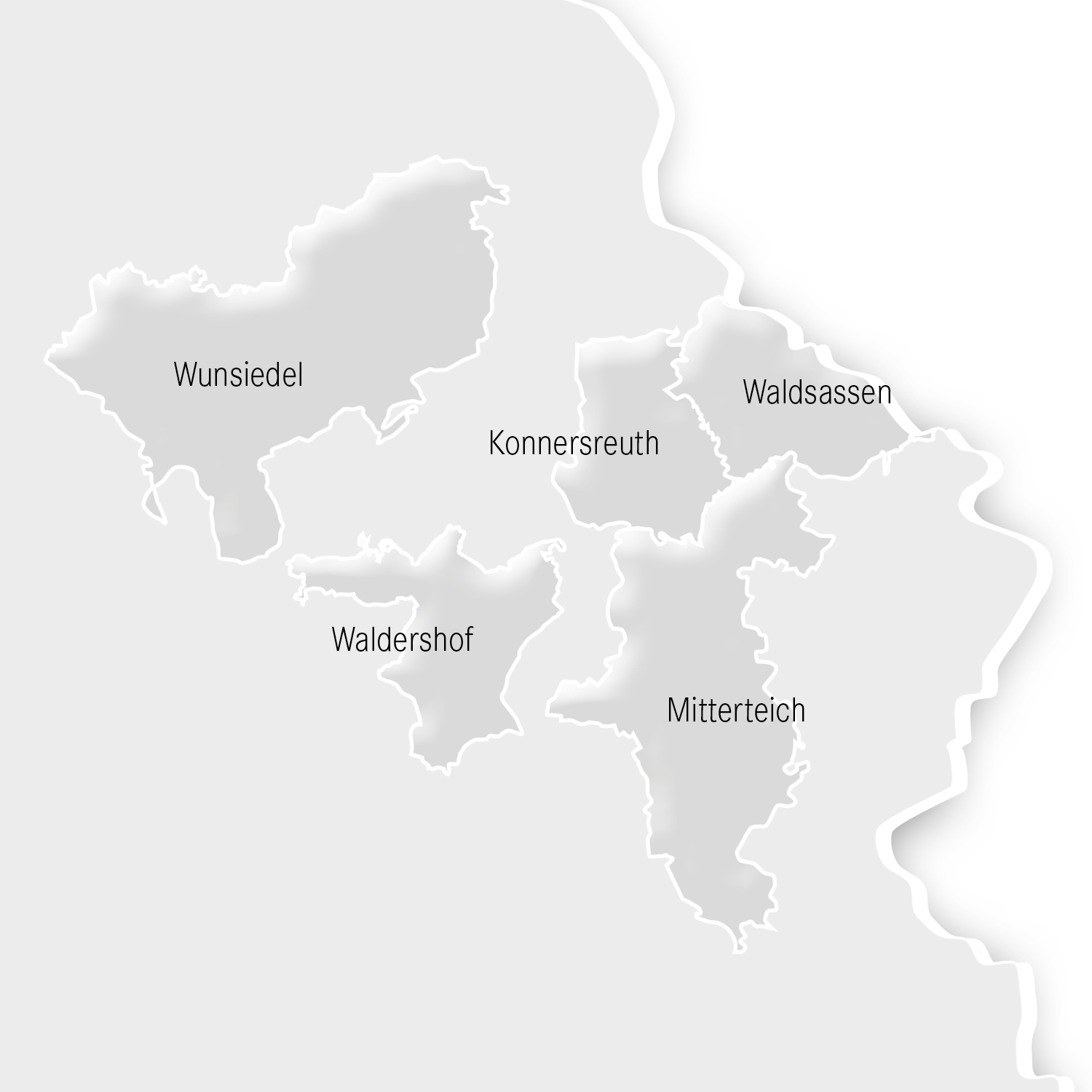 Schwarz-weiß Karte vom Einzugsgebiet des Pflegedienstes: Wunsiedel, Waldershof, Waldsassen, Konnersreuth, Mitterteich